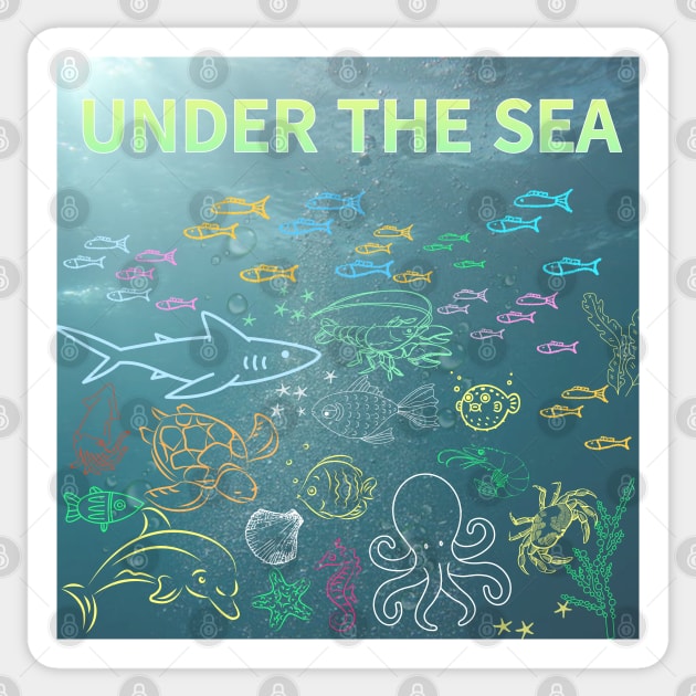 under the sea,blue sea,sea creatures,Turtle, puffer fish, starfish, shrimp, shark, tropical fish, sea horse, seaweed, sardines, squid, crabs, clams Sticker by zzzozzo
